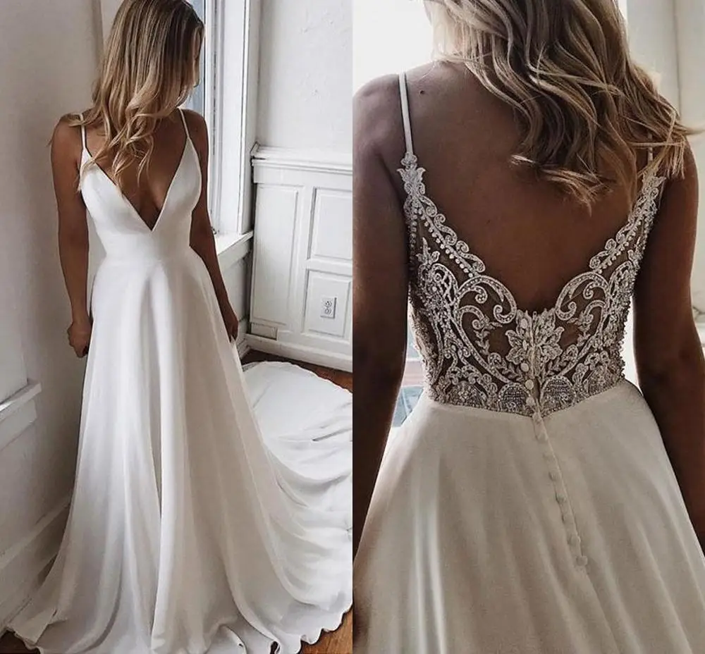 

2020 Boho Wedding Dresses Lace Appliques Beaded Deep V-Neck Open Back Chiffon Bride Dress A-Line Bridal Gowns Vestido De Noiva