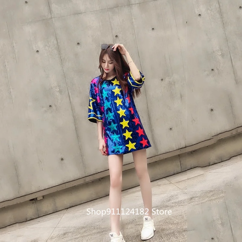 

Ins Super Hot sparkling Color Five-Pointed Star Short-Sleeved T-shirt Women's Loose Mid-Length 2021 Summer New Korean Style Top