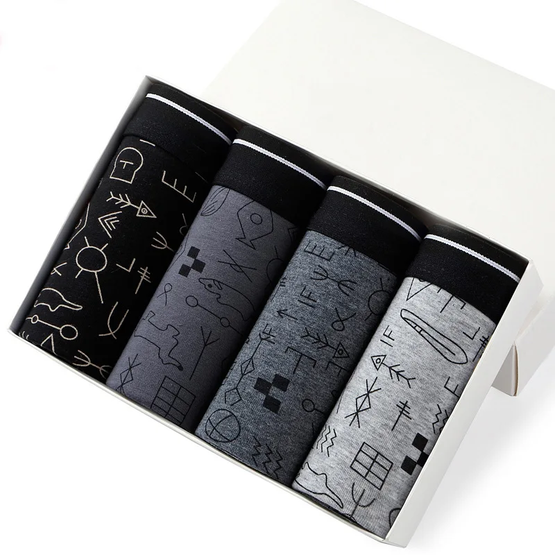 

4Pcs/Lot Men's Panties Boxer Print Underwear Cotton Shorts For Male Couple Sexy Set Calecon Large Size Underpants L-5XL