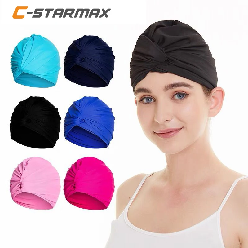 

C-starmax Women Adjustable Swimming Cap Swim Pool Bathing Hat Protect Long Hair Ears Turban Pleated Fabric Headwear Yoga Caps