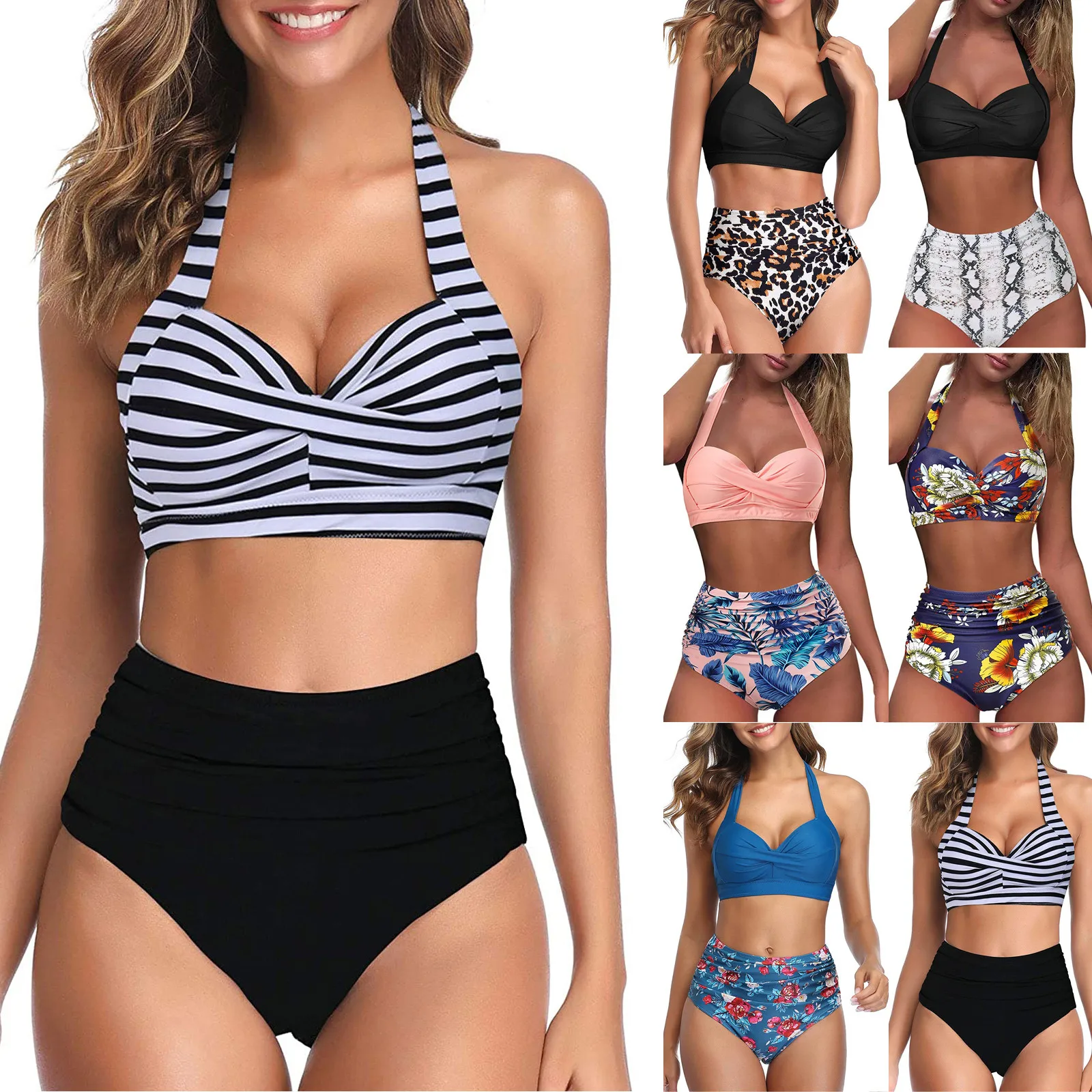 

Women Sexy Bikini Set Pattern Print High Waist Neck Straps Backless Split Tankini Set Swimsuit A20