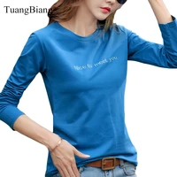 letter embroidery 2021 autumn cotton t shirt spring women long sleeve casual red t shirts fashion o neck blue yellow simple tops