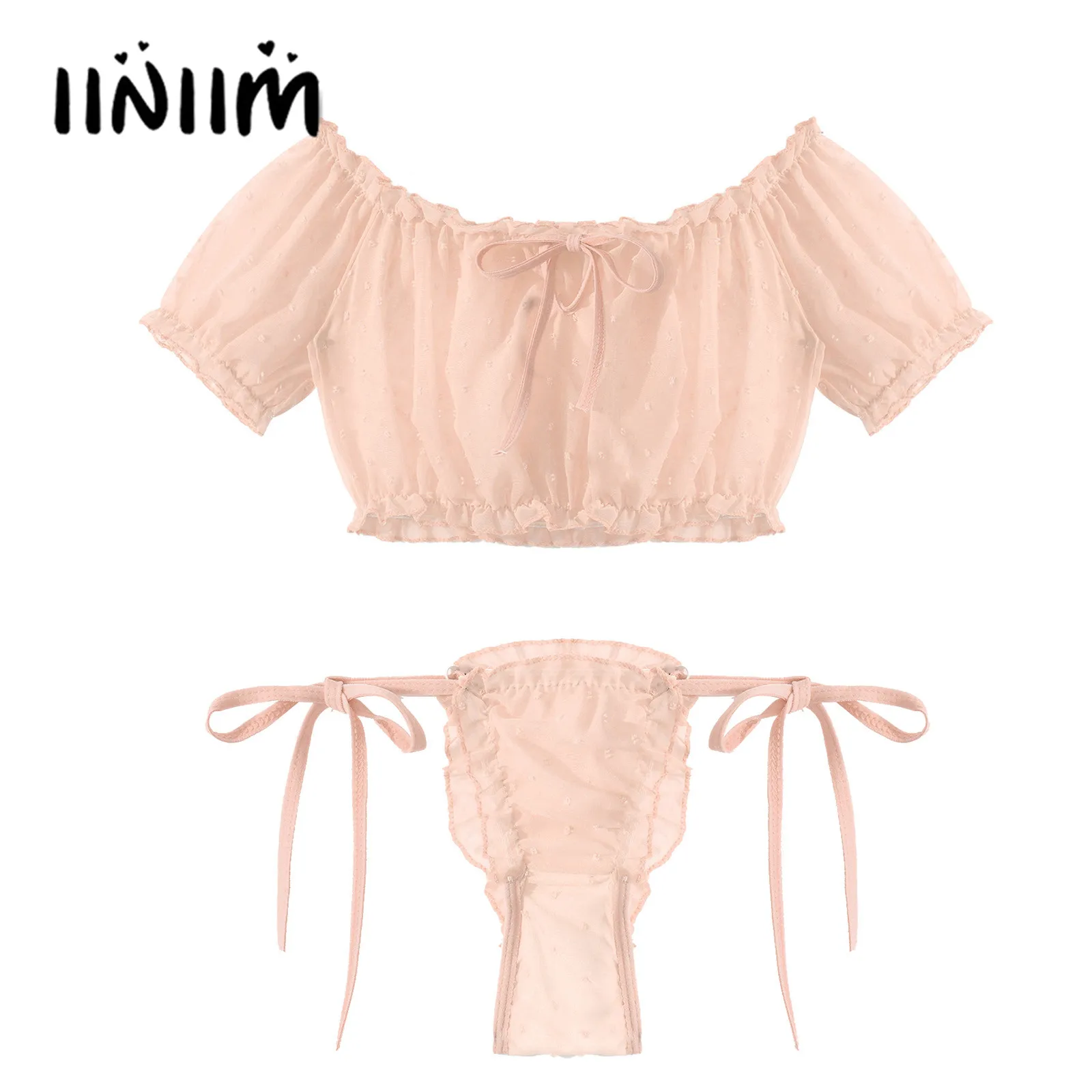 

Mens Lingerie Sissy for Crossdressing Nightwear Off Shoulder Ruffled Crop Top Lace-up Frilly Thongs Erotic Sissy Underwear Set