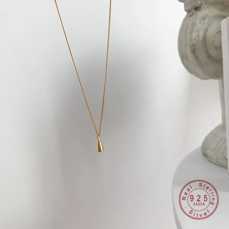 

925 Sterling Silver Korean Simple Golden Water Drop Necklace Women Temperament Fashion Sweet Anniversary Jewelry