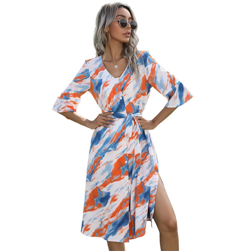 

2021 summer new style fashion printed tie-dye v-neck tie-sleeve shirt dress women