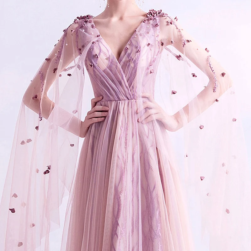 

Evening Dress Full Illusion V-Neck Floor-Length Luxury Pink A-Line Tulle Lace Appliques Embroidery Pearls Lady Formal Gown TS744