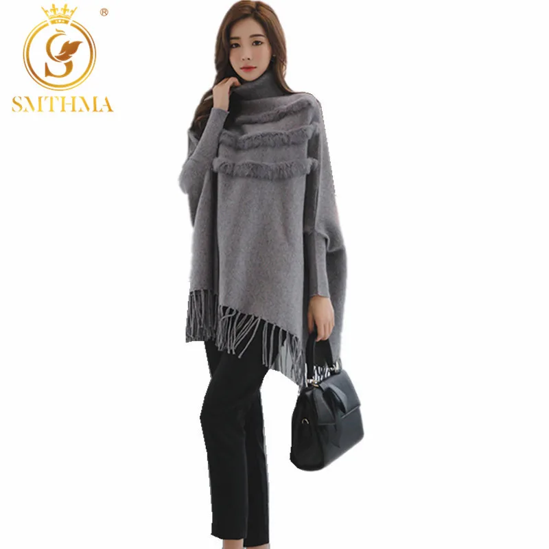 Женская вязаная водолазка SMTHMA толстый свитер накидка из натурального кроличьего