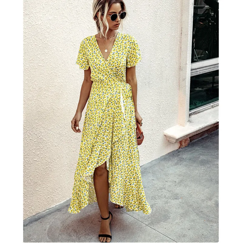 

Leosoxs 2021 Summer Fashion Sexy Deep V Neck Women's Dress Casual Bodycon Solid Polka Dot Belt Short Sleeve Lady Irregular Dress