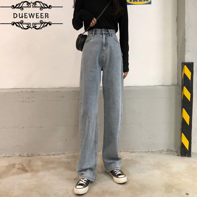 

DUEWEER Jeans Women Straight Trousers Vantage Bandage Washed Loose High Waist Streetwear Simple All-match Fashion Casual Pants