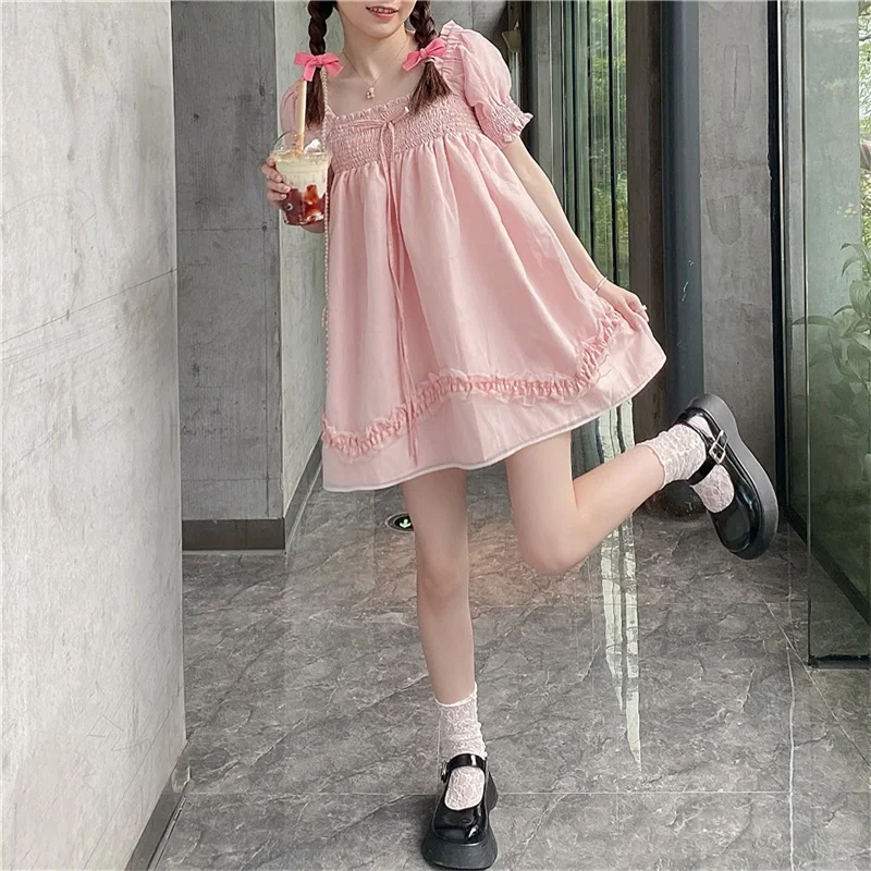

Japanese Sweet Women Dress Spring Summer Pink Lolita Dresses Square Collar Puff Sleeve Girly Lace Stitching Kawaii Cute Clothing