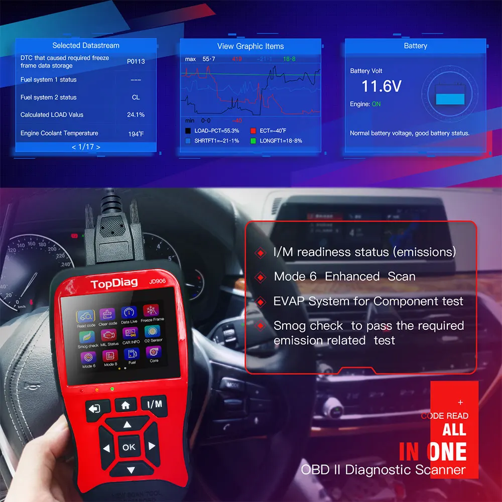 

TopDiag JD906/TP100 OBD2 Scanner Engine Code Reader OBD Car Diagnostics Tool Multilingual Free Update ODB2 Automotive Scanner