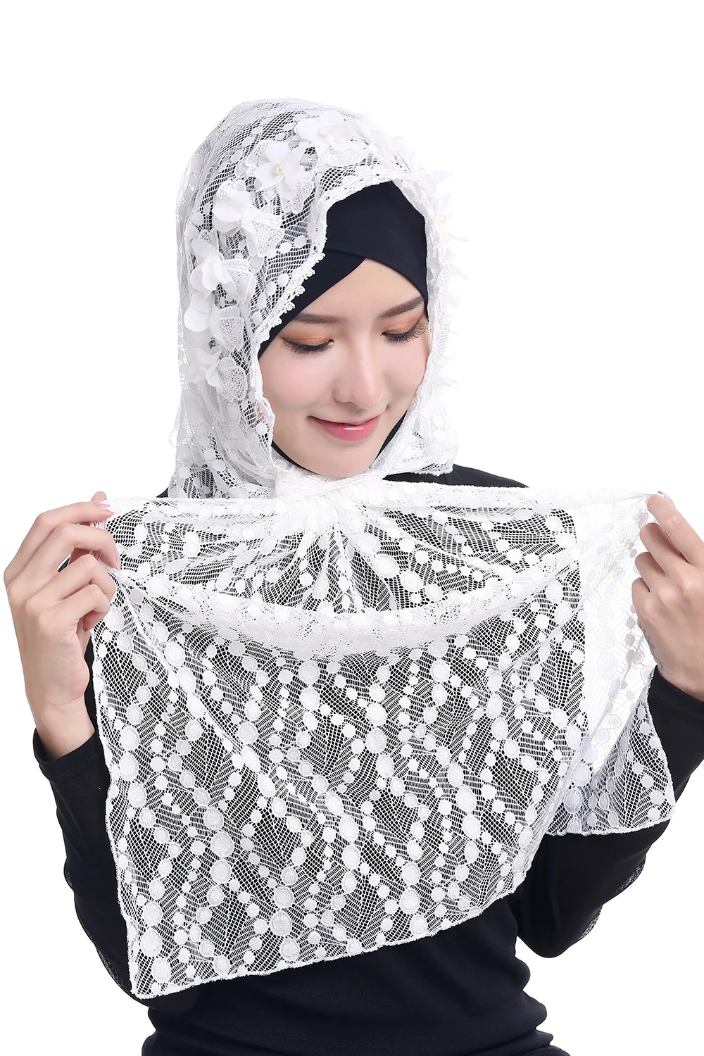 Женский мусульманский кружевной цветок жемчуг однотонный длинный шарф хиджаб