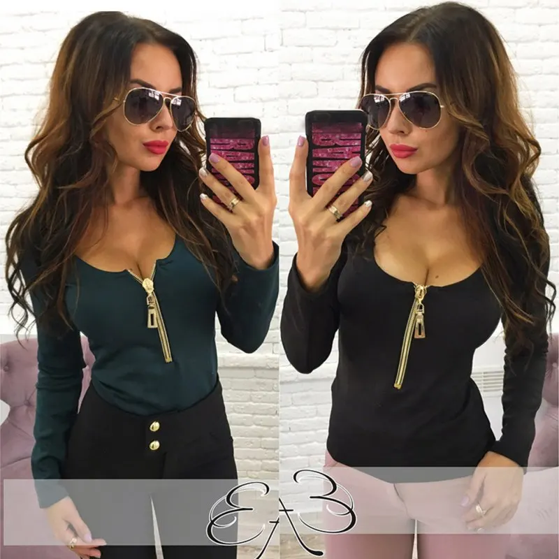 Осенняя модная женская футболка на молнии удобные топы с длинными рукавами и