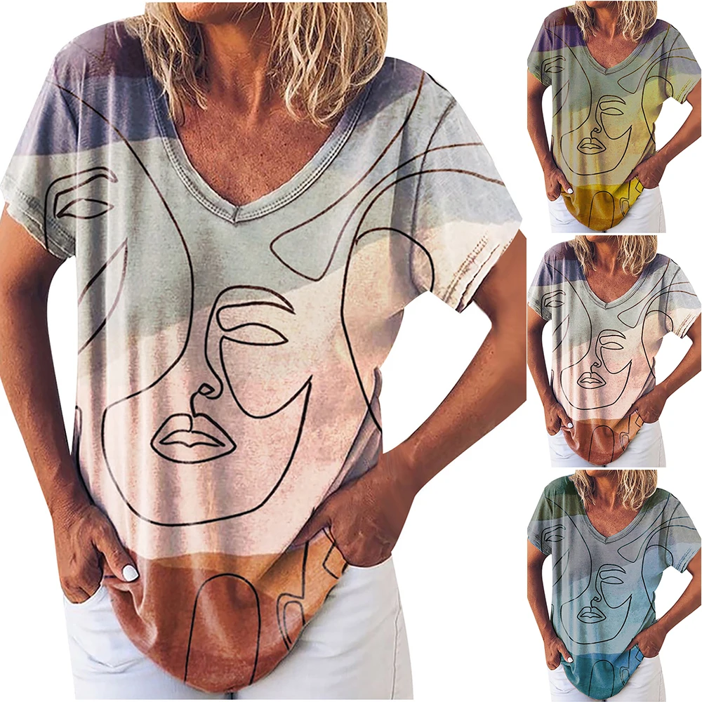 

VICABO Geometric Printed Short Sleeves Ladies T-shirt Summer 2021 Womens Clothes V-neck With Loose Women Clothes Women Tops