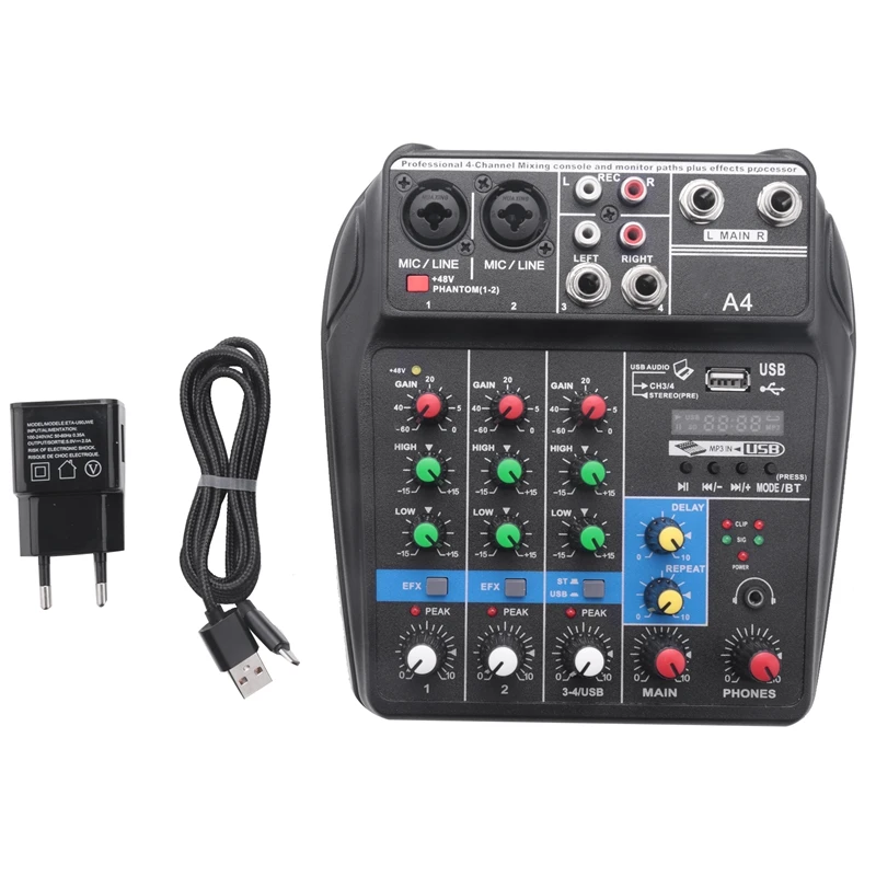 

Eu Plug A4 Sound Mixing Console Bluetooth Usb Record Computer Playback 48V Phantom Power Delay Repaeat Effect 4 Channels Usb Aud