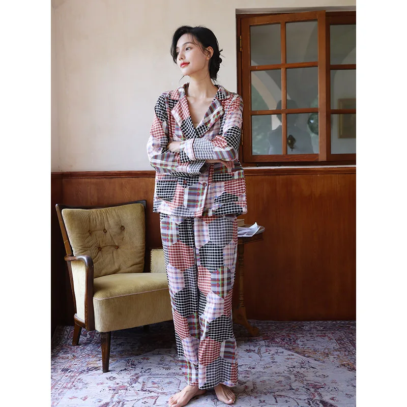 Plaid Pajamas Women's Long Sleeve Two-piece Set New Fashion Ice Silk Suit Simulated Silk Home Clothes
