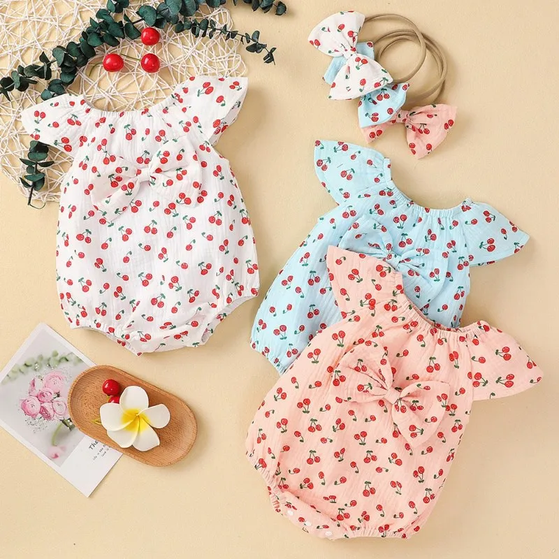 Summer Baby Girl Cute Bodysuits Infant Girls Cotton Flare Sleeve Cherry Print Bow Bodysuit+Headband Casual Jumpsuit Set