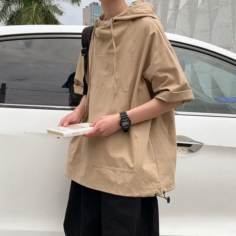 

Summer Short-sleeved T-shirt Mens Fashion Khaki White Pocket Casual T Shirt Men Streetwear Korean Loose Hooded Tshirt Mens M-2XL