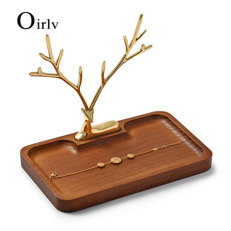 Oirlv New Wooden Deer Earring Necklace Pendant Bracelet Metal Walnut Jewelry Cases Display Stand Tray Tree Storage