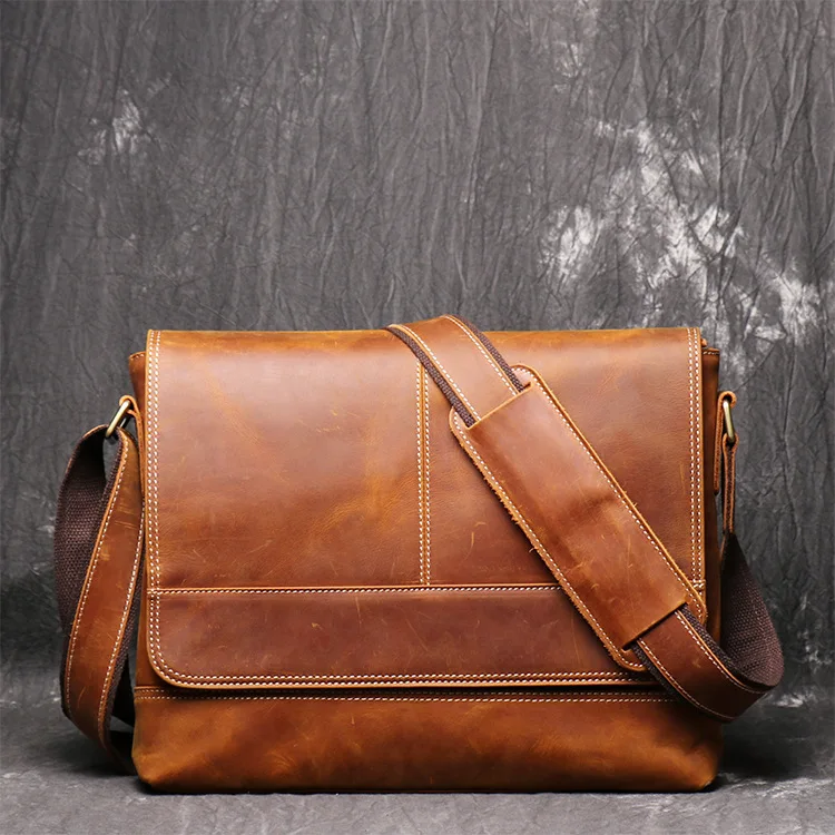 

Genuine leather men's shoulder bag retro travel messenger bag laptop business men's messenger bag flap pocket
