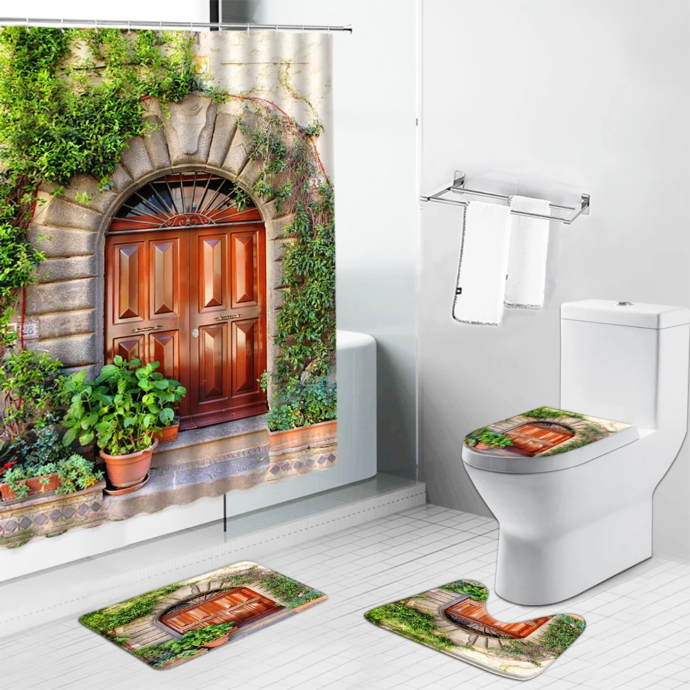 

Farm Wooden Doors Shower Curtains Set Moroccan Antique Door Bathroom Decor Anti-Slip Bath Mat Doormat Toilet Cover Kitchen Rugs