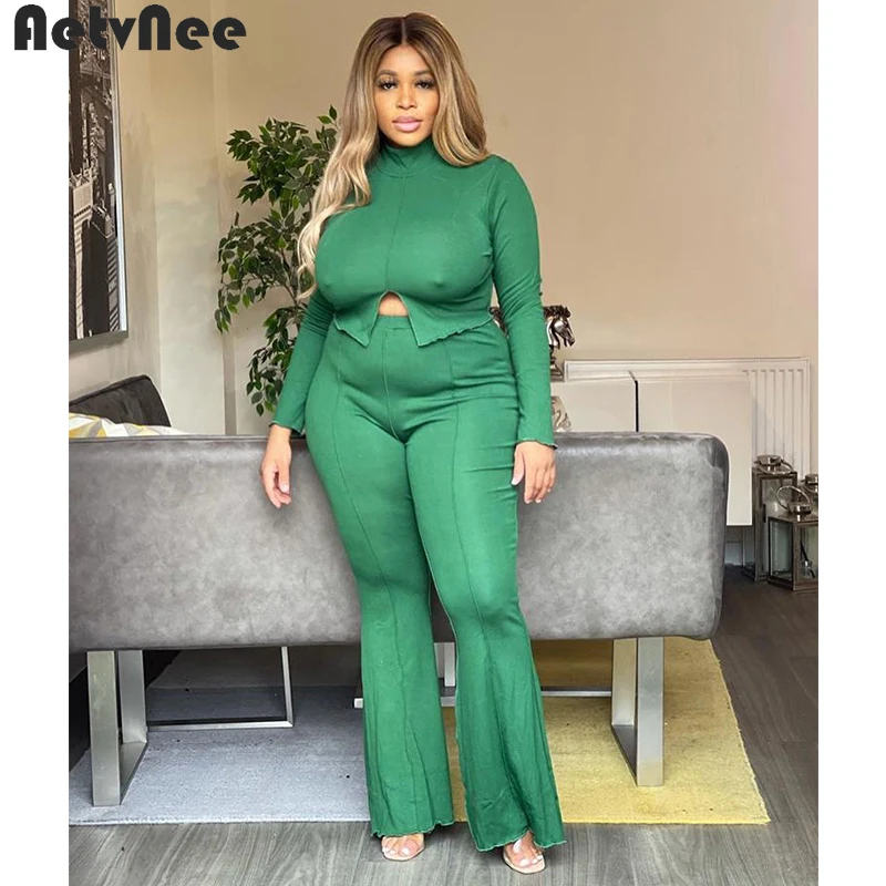 

AetvNee Plus Size Sets Women Solid Full Sleeve Turtleneck Slited T-shirt Stretchy Skinny Flare Pants Two Piece Set Casual Outfit