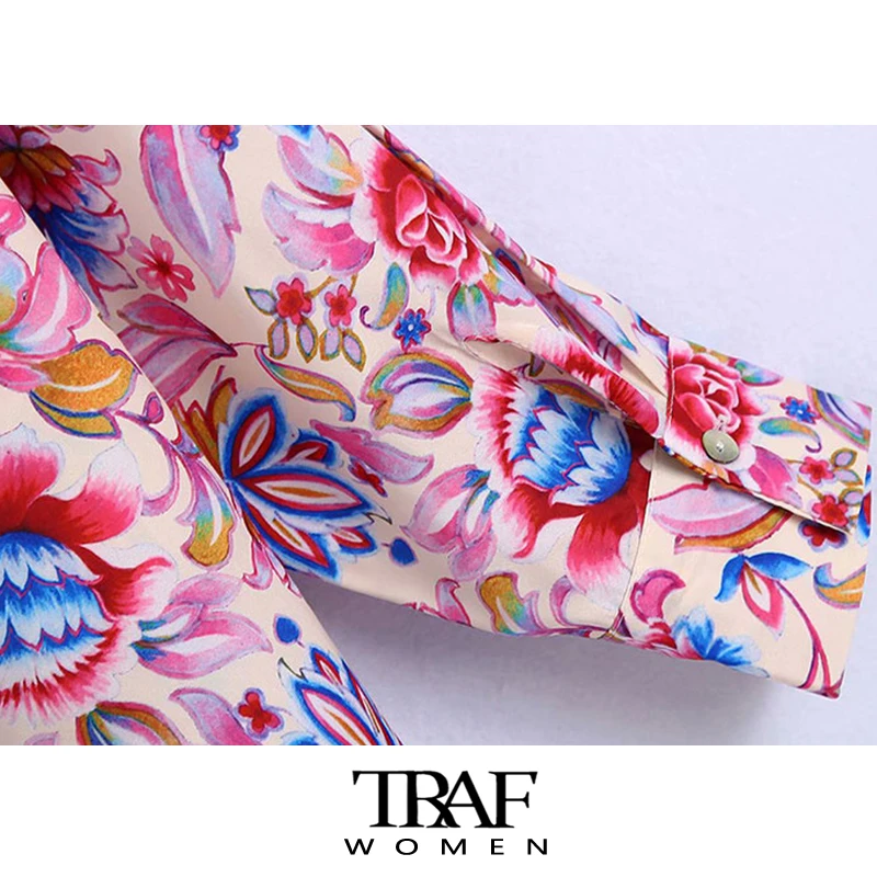 

TRAF Za Women Fashion Floral Print Oversized Blouses Vintage Long Sleeve Button-up Female Shirts Blusas Chic Tops