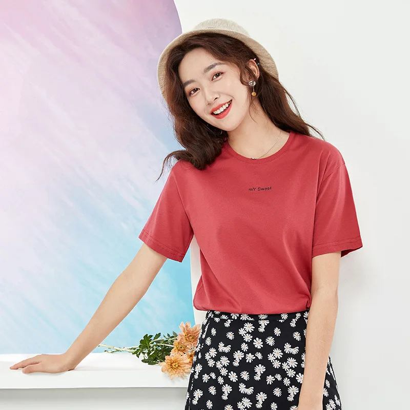 

T Shirt Women Cotton Elastic Korean round neck insert T-shirts Female Casual Tops Alphabetic printing Short Sleeve T-shirt Women