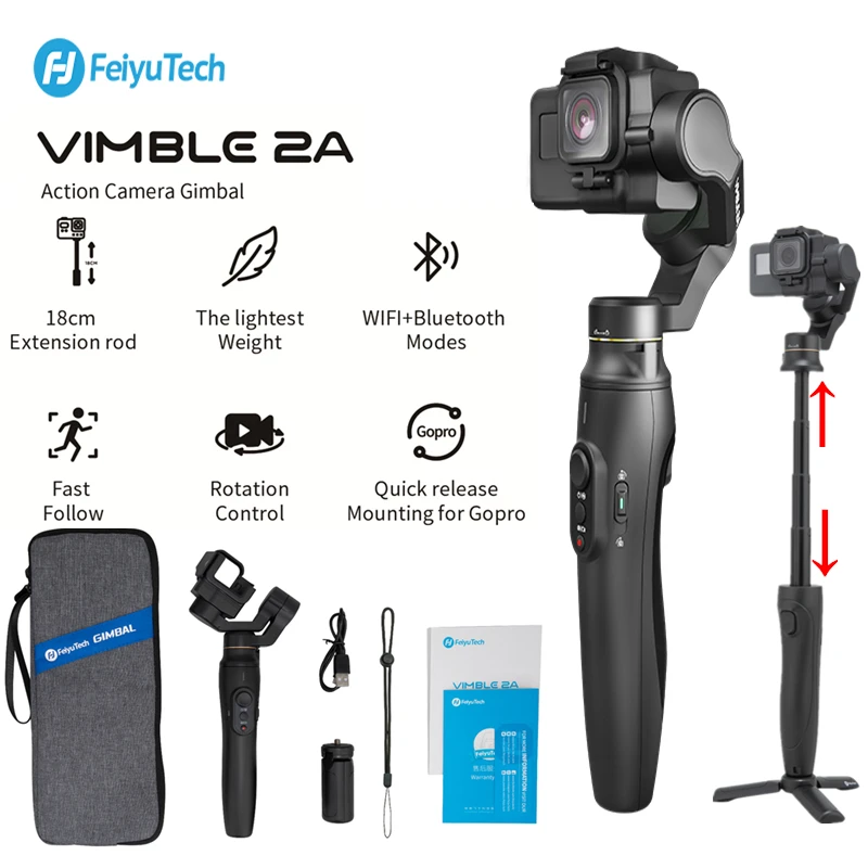 Feiyu Vimble 2A Выдвижная экшн Камера карданный стабилизатор для экшн-камеры Gopro Hero 7/6/5,18 см растяжимый шест со штативом и сумкой для переноски
