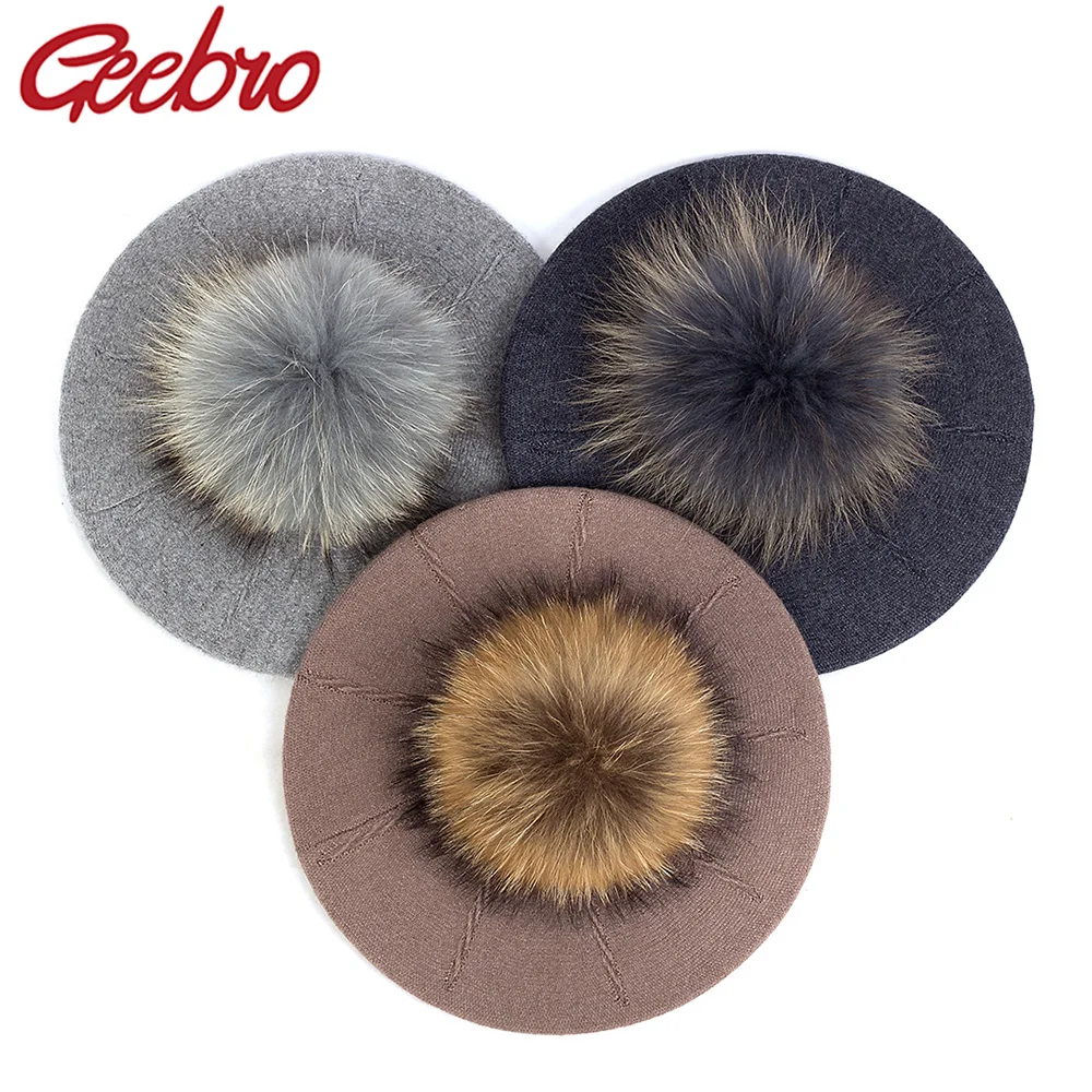 

Geebro Elegant Sweet Women Girls Beret Warm Winter Autumn Hat Lovely Ladies Party Hats Cap with Real Fur Pompom Female Gift