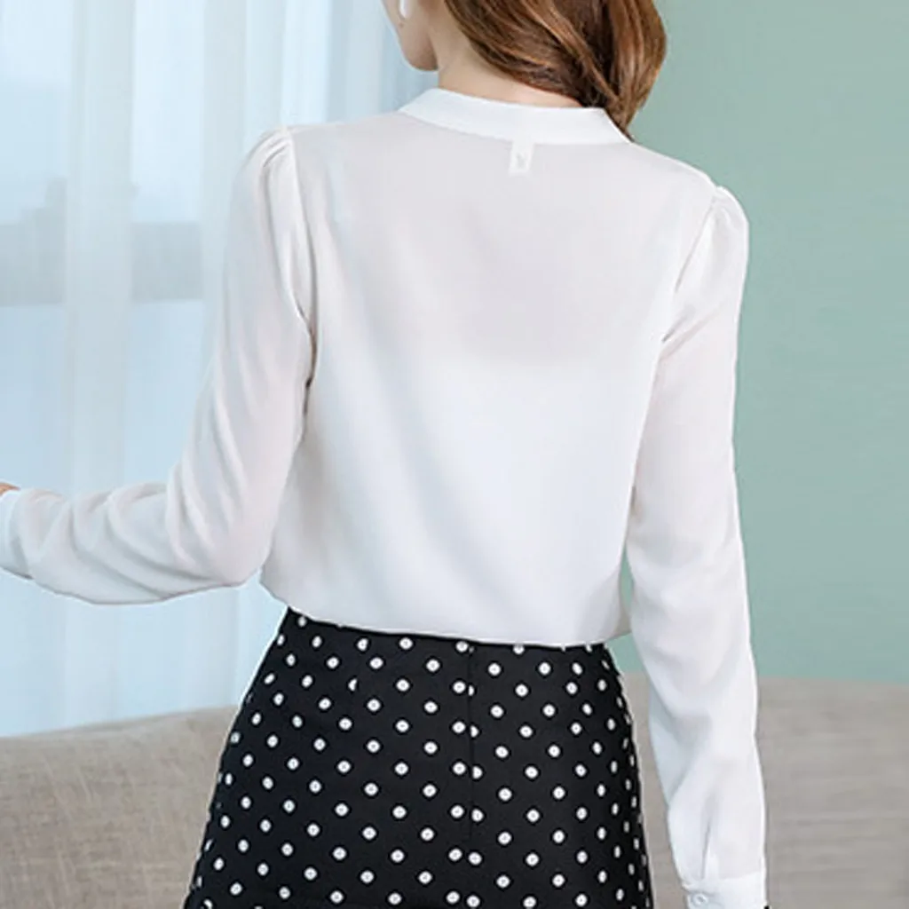 Осень 2019 Женская белая рубашка рубашки с длинным рукавом однотонная шифоновая