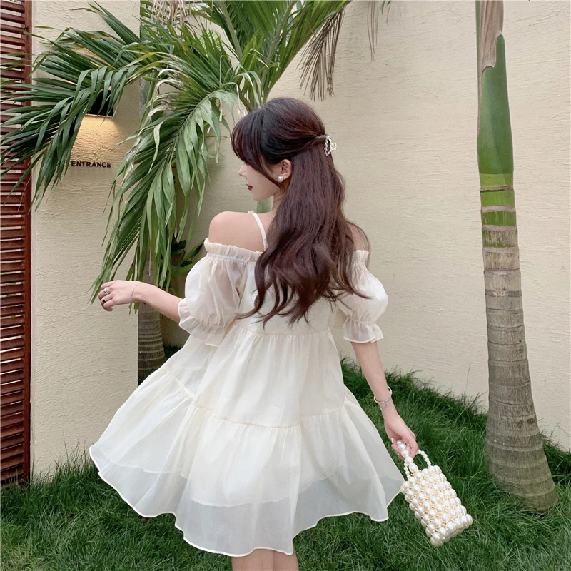 

Dress Women 2021 Summer Dress Elegant A-Line Solid Puff Sleeve One word collar Ladies Lace Dress Mesh M238