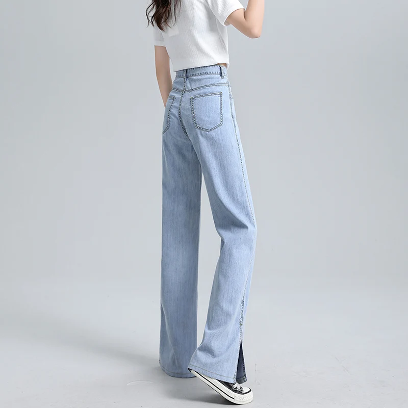 

TongSiHai Jeans Women 2021 Fashion High Waisted Straight Tencel Denim Pants Girls Summer Blue Thin Streetwear Wide Leg Trousers