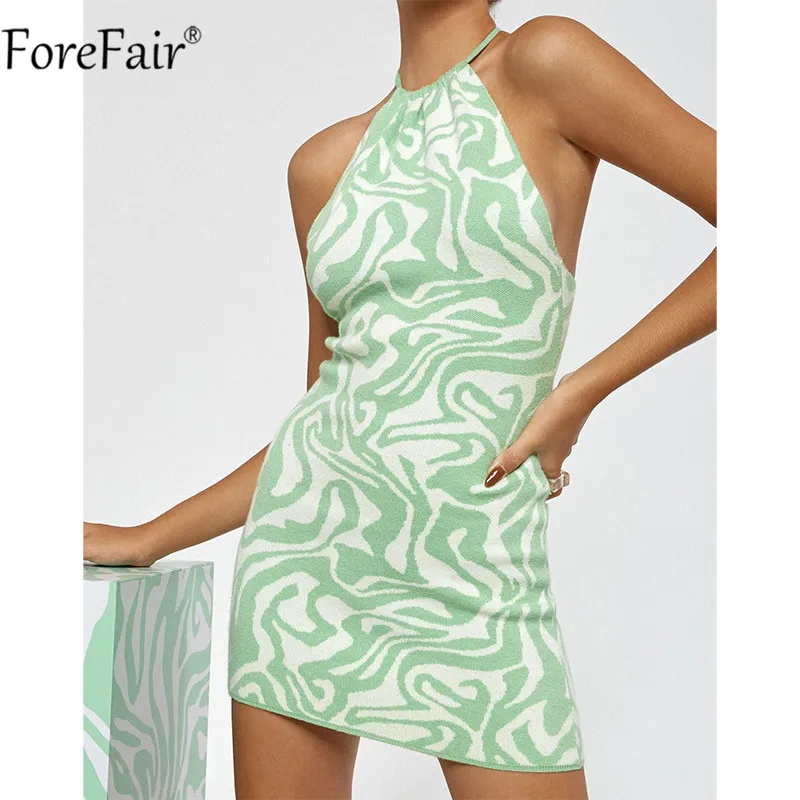 

Forefair Green Sexy Halter Neck Beach Bodycon Dresses Y2k 2021 Summer Print Backless Sleeveless Bandage Women Knit Dress Party