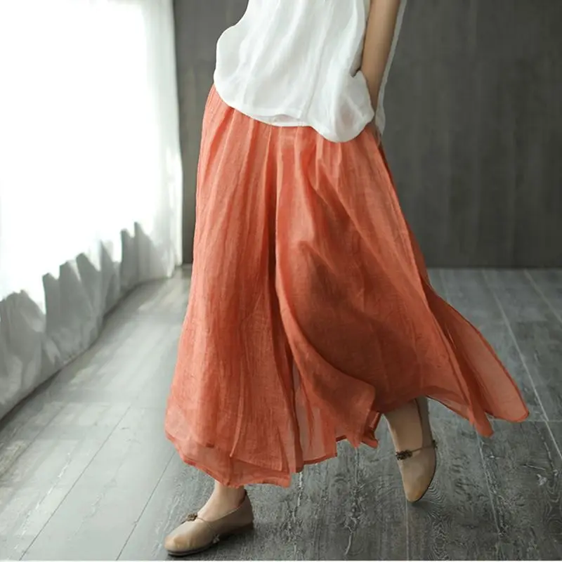 

Women's Wide-leg Hakama Spring and Summer New Product Retro Literature and Art Elastic Waist Double-layer Casual Pants