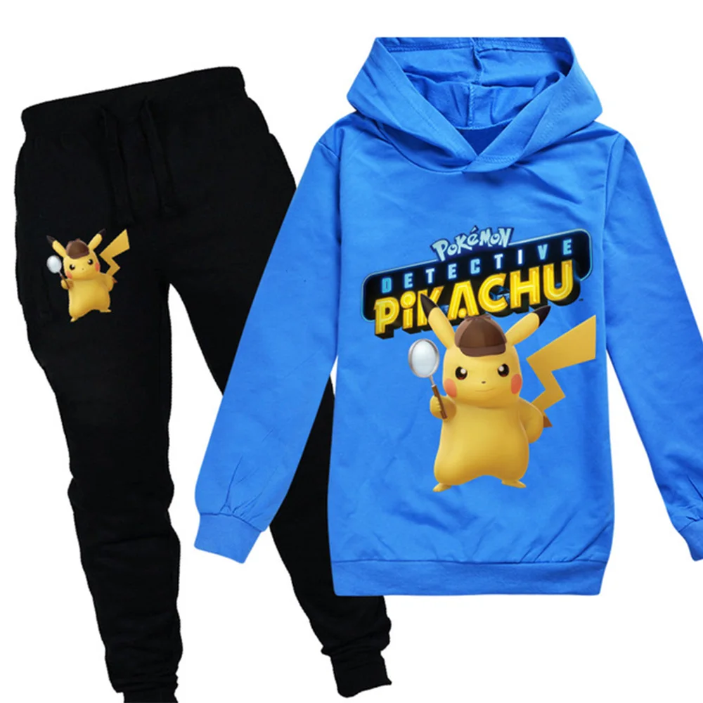 POKEMON GO Detective Pikachu/детская одежда для мальчиков и девочек осенний Свитшот комплект из 2 предметов, хлопковые спортивные толстовки с длинными рукавами и рисунком, Комплект футболок - Цвет: 989blue