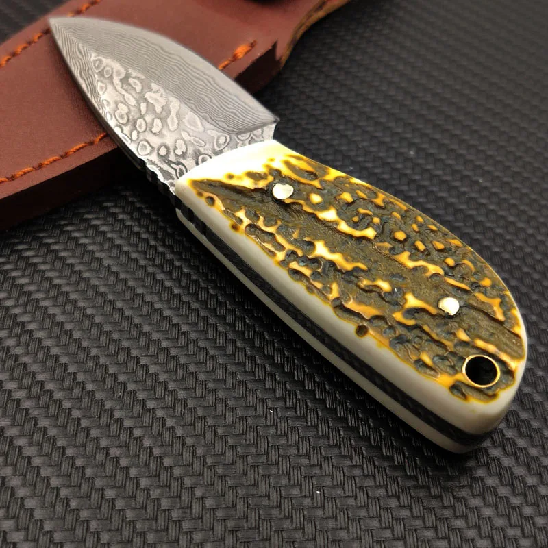 Нож из дамасской стали с оленьими рожками портативный охотничий Клинок для