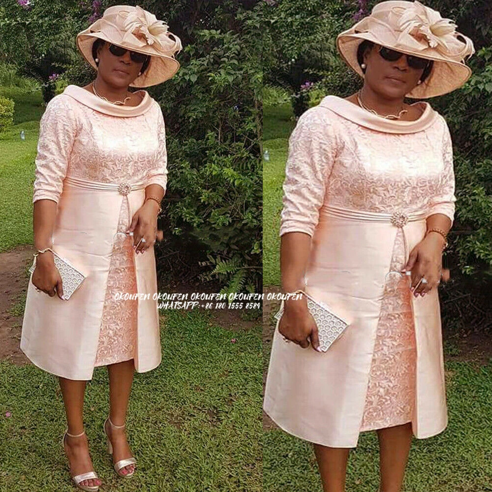 

Vintage Mother Of The Bride / Groom Dresses Light Pink Tea Length Lace Satin Three Quarter Sleeves Plus Size Wedding Party Gowns