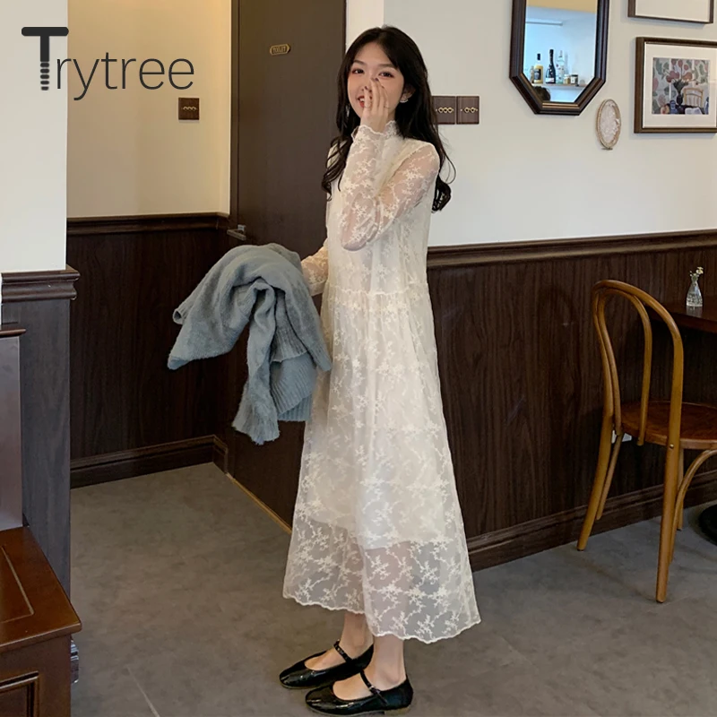 Trytree 2020 весеннее женское платье повседневное кружевное лоскутное с воротником
