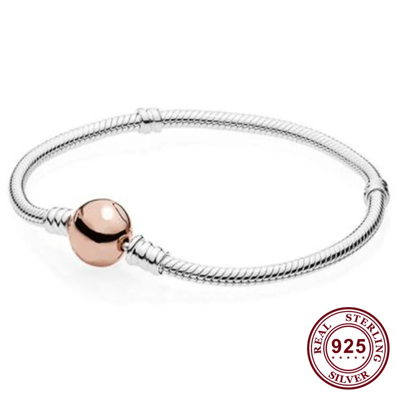 

Original 925 Sterling Silver Pan Bracelet Shiny Round Rose Gold Classic Button Bracelet Fit European Charm Bracelets Jewelry