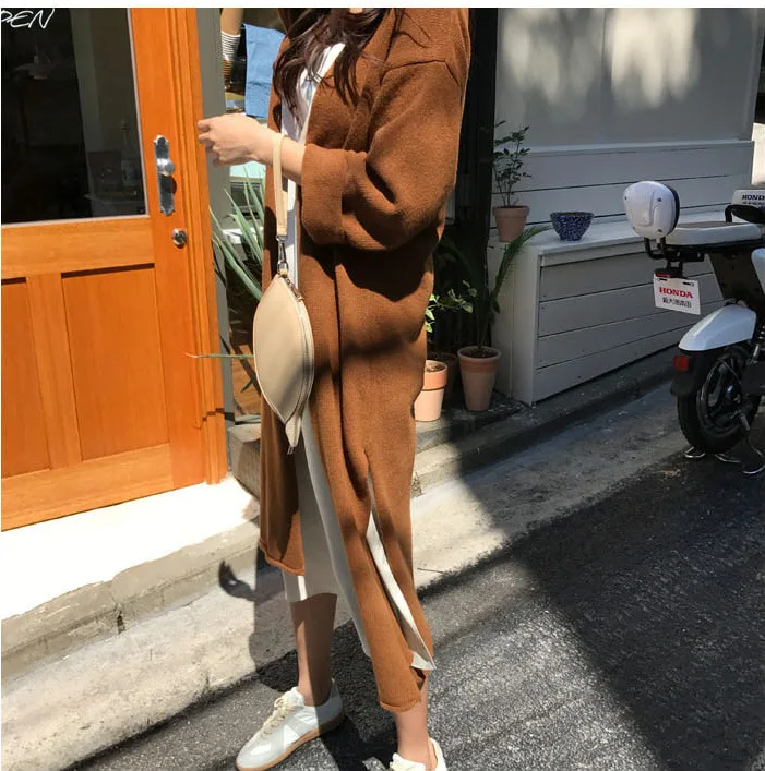 Autumn Winter Women's Cardigan Simple Belt Female New Fashion Long Coat Loose Type Wool Knitted Cardigan Female Outwear