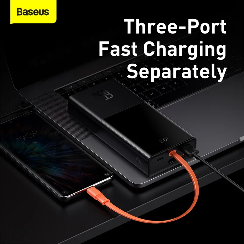 baseus 65w power bank 20000mah with type c two way cable external battery for phone and notebook three port fast charging free global shipping
