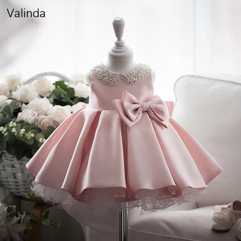 

Knee Length Pearled Short Girl Dress with Bow