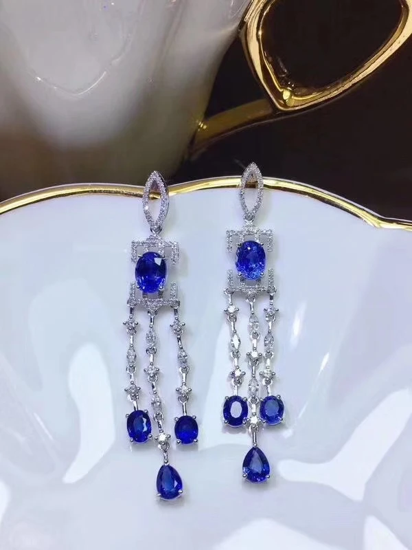 

Роскошные висячие серьги с кисточками из натурального синего Сапфир с Шри-Ланки, серебро 925 пробы, серьги с натуральными драгоценными камня...