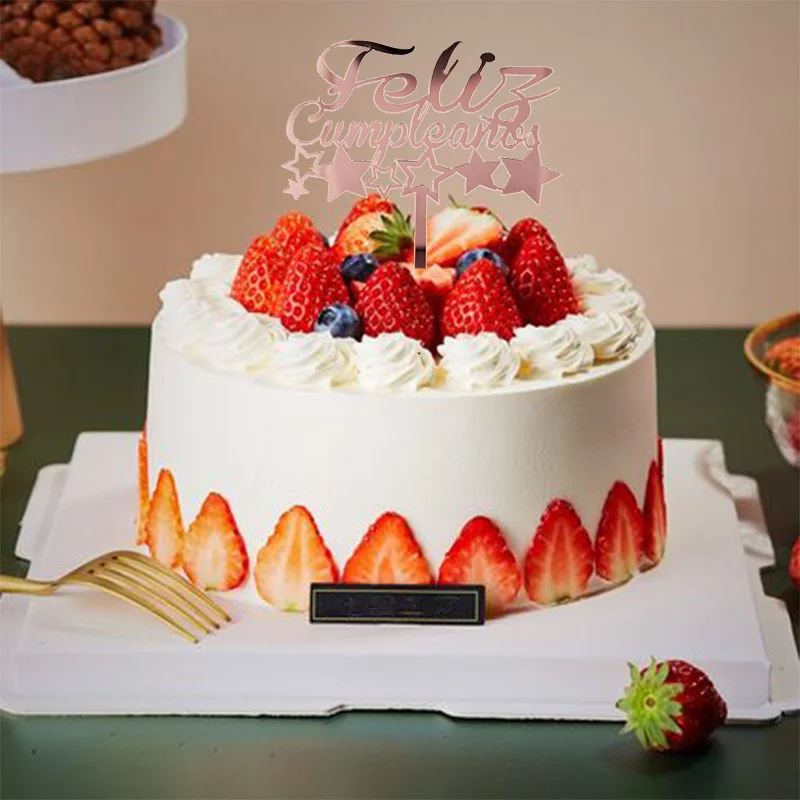 

Новый золотой Feliz cumpleaños испанский акриловые торт Топпер звезда розового золота для выпекания пирогов фигурки жениха и невесты; Для детей по...