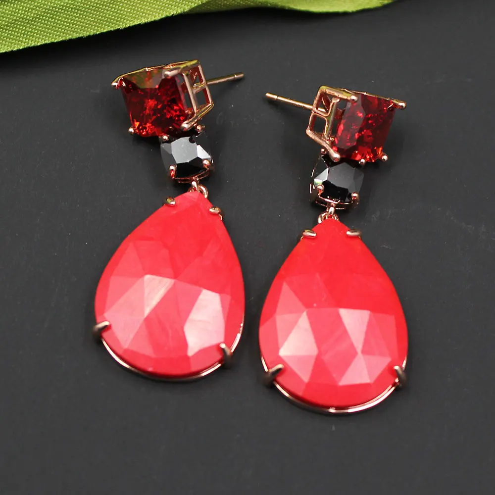Red Jade Red Colorful Crystal Aventurine Rose Gold Color Bezel Set Real Stone Dangle Earrings For Women