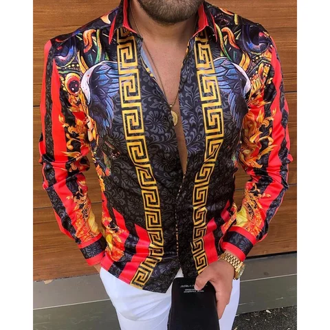 Гавайская Повседневная рубашка с длинным рукавом, гавайская расцветка, леопард, Лев, Золотая цепочка, 3D принт, на пуговицах, уличная одежда для мужчин