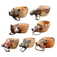 high quality new hand carved animal rubber wooden water cup wooden novel mug camping gear coffee cups with lanyard easy to store