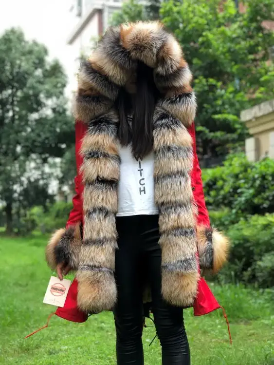 FLFP01 red-color5 Fandy lokar натуральное меховое пальто, отделенная подкладка, натуральный мех кролика Рекс, парка из натурального Лисьего меха, черная куртка, зимнее пальто, длинное меховое пальто для женщин - Цвет: FLFP01 red-color5