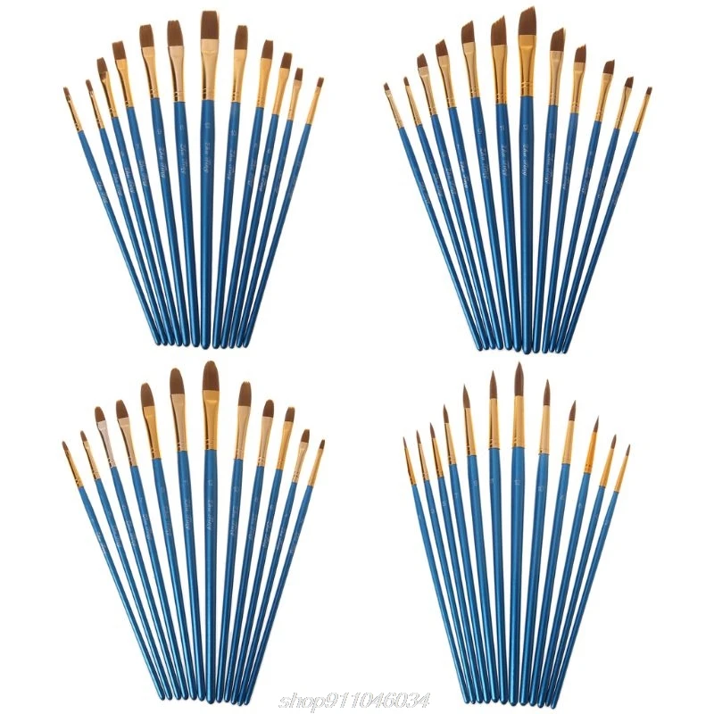 

12Pcs Artist Paint Brush Set Nylon Bristles Watercolor Acrylic Oil Painting Slant Flat Round Pointed Wood Handle M01 21 Dropship